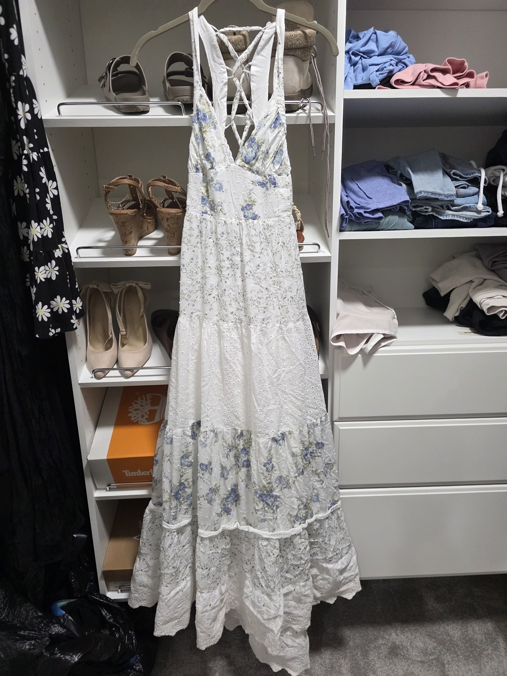 Alter'd State Boho White Floral Maxi Dress with Lace-Up Back